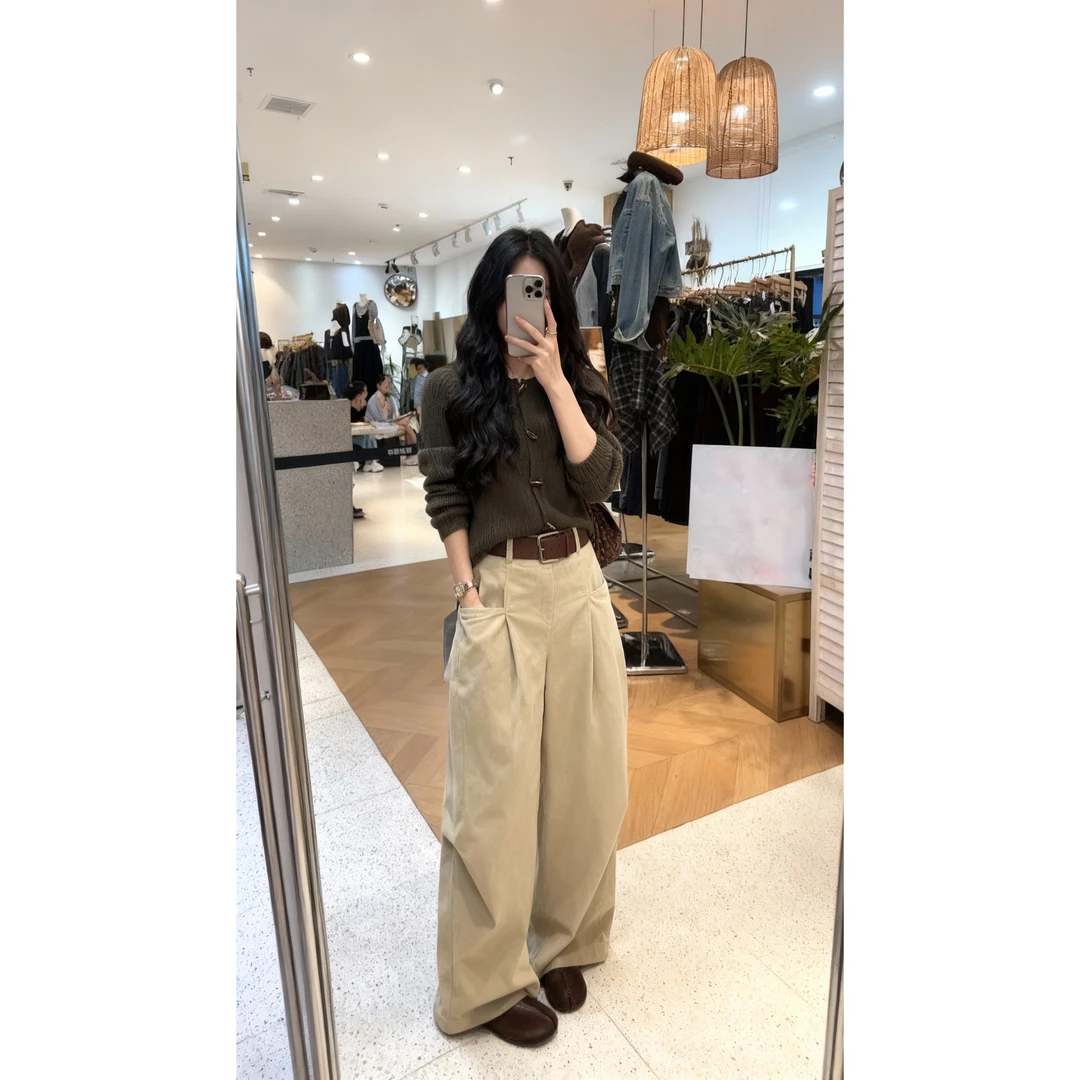 【现货秒发】韩系设计感复古牛角扣毛衣外套+百搭休闲阔腿裤套装