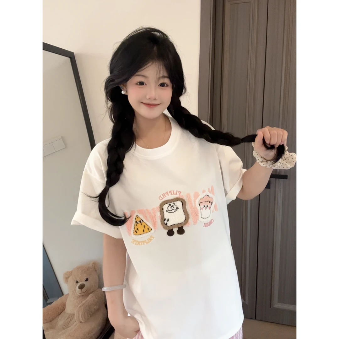 HandSeven夏季刺绣凉感烘焙艺术可爱创意圆领宽松百搭短袖T恤情侣