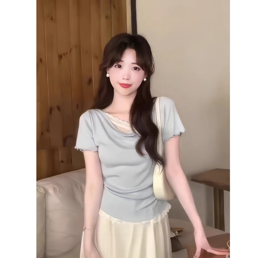 Not defined蕾丝拼接假两件短袖T恤女夏季设计小众木耳边收腰上衣