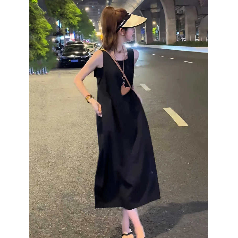 法式高级感黑色露背无袖背心连衣裙女2025新款夏季宽松设计感长裙