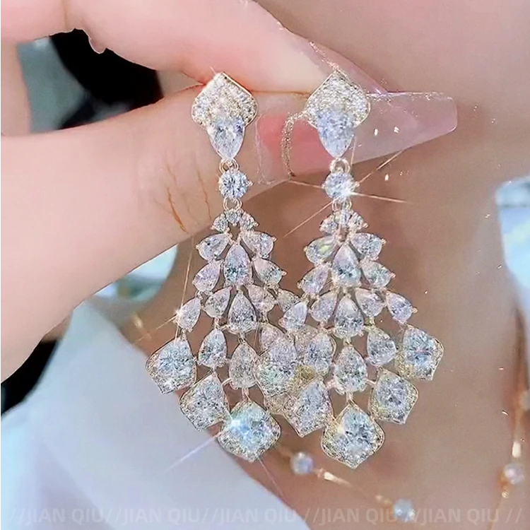 铜合金耳饰 超闪锆石欧美耳环轻奢晚礼服配饰镶钻新娘耳坠C428