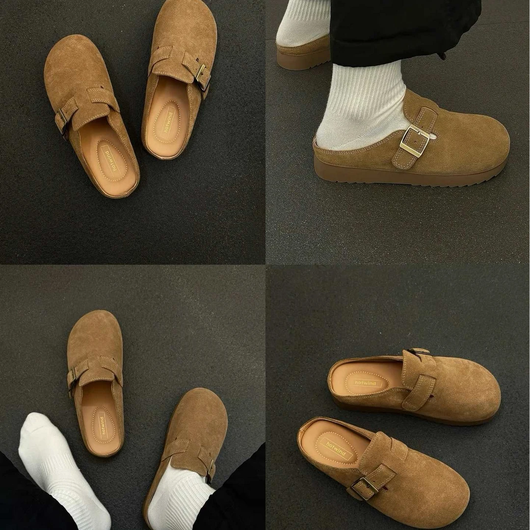 【厚底牛皮勃肯拖鞋】热风2024年秋季灰色穆勒拖包头拖通勤H02W4307