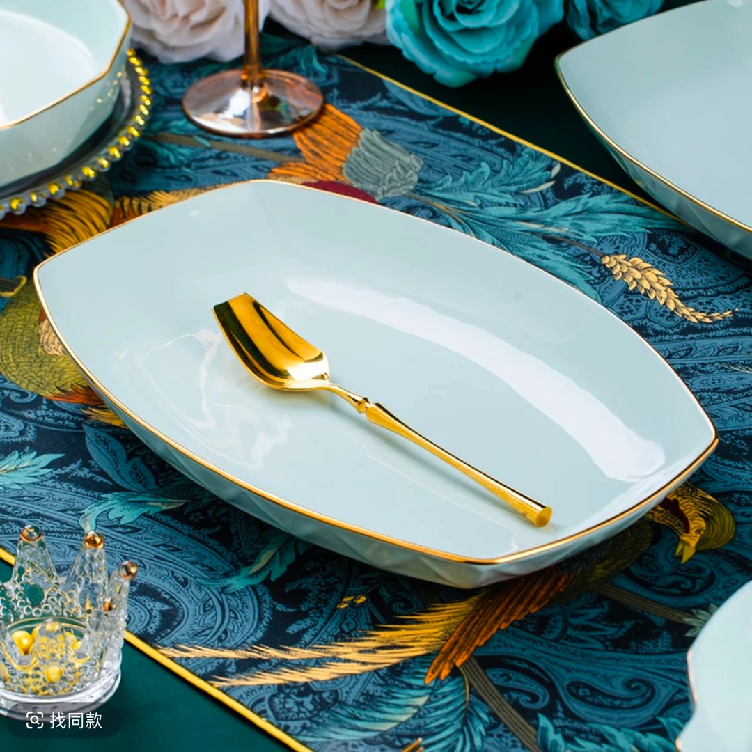 12英寸鱼盘2只装青瓷家用陶瓷餐具高颜值简约轻奢耐高温可微波