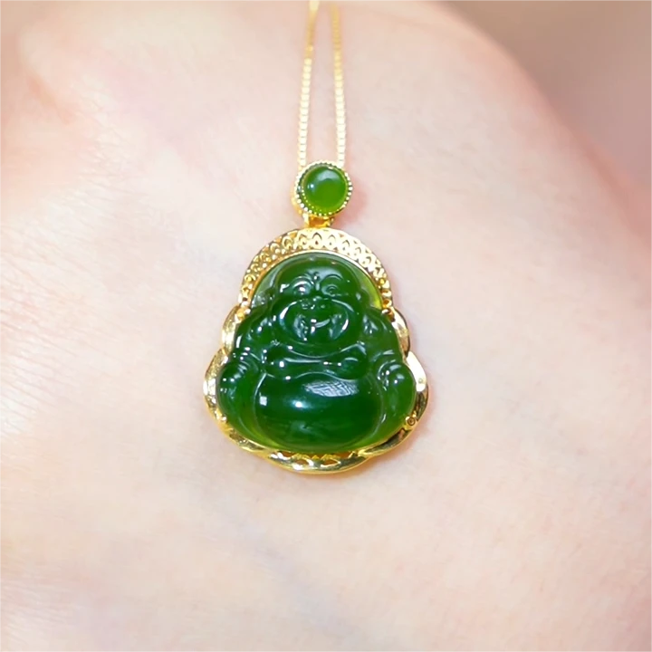 【芒心珠宝】天然和田玉18K金镶嵌碧玉佛公吊坠