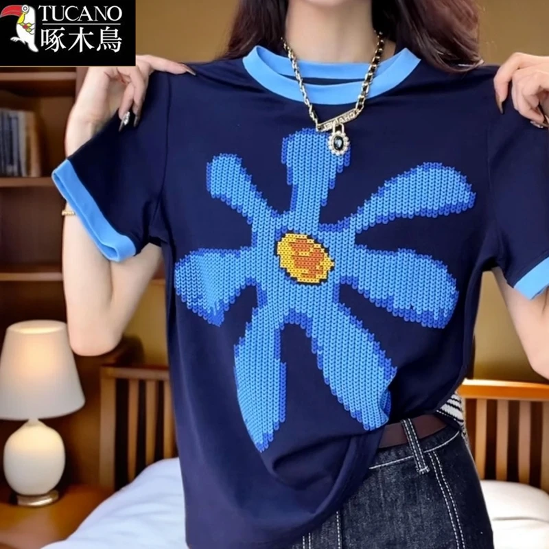 啄木鸟正品印花拼色圆领上衣2025年新款短袖时尚小众高级感T恤女