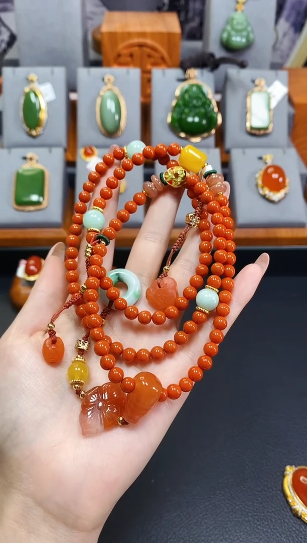 颈饰银S925镶嵌南红玛瑙DIY毛衣链长链