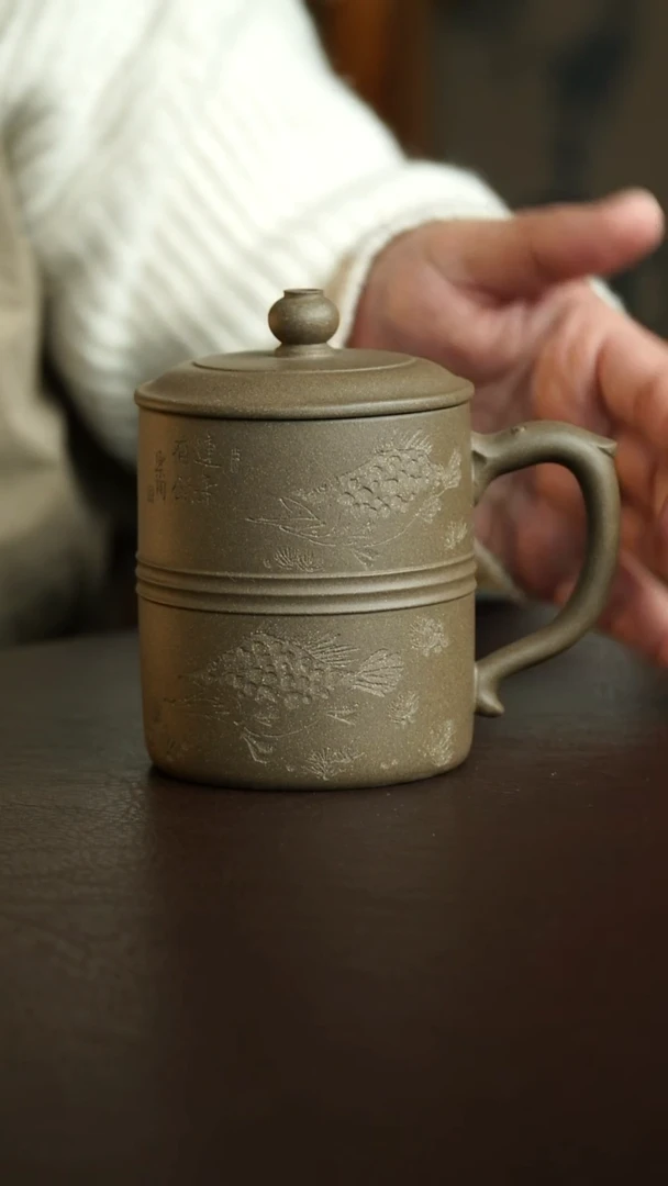 茶杯紫砂36号 桃花鳜鱼盖杯 宜兴紫砂原矿作品