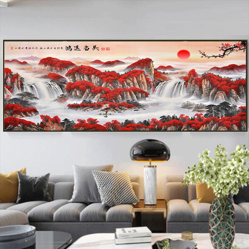 中式山水客厅沙发背景墙鸿运当头装饰画办公室卧室挂画