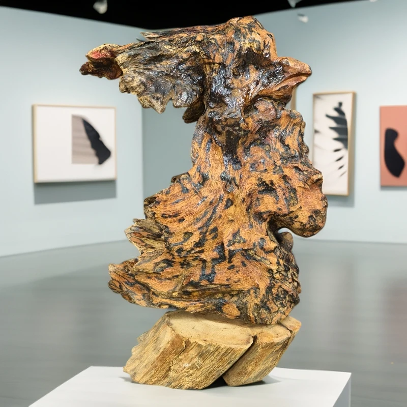 天然松明子根雕摆件 红料随型原木艺术摆台