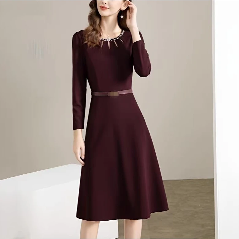 【撤柜样品】X234秋冬季气质百搭连衣裙女咖啡商家提供