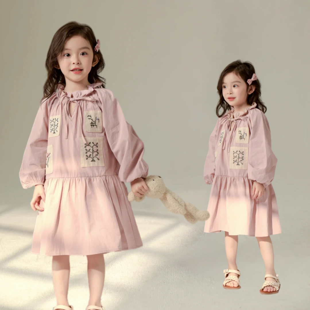 现货【朵琳】100%棉5426女童春秋新款贴布重工刺绣甜美洋气连衣裙