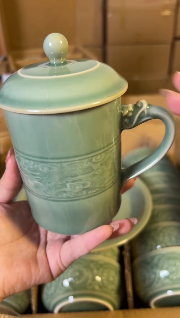 陶瓷耀州窑青釉双龙纹办公杯正品