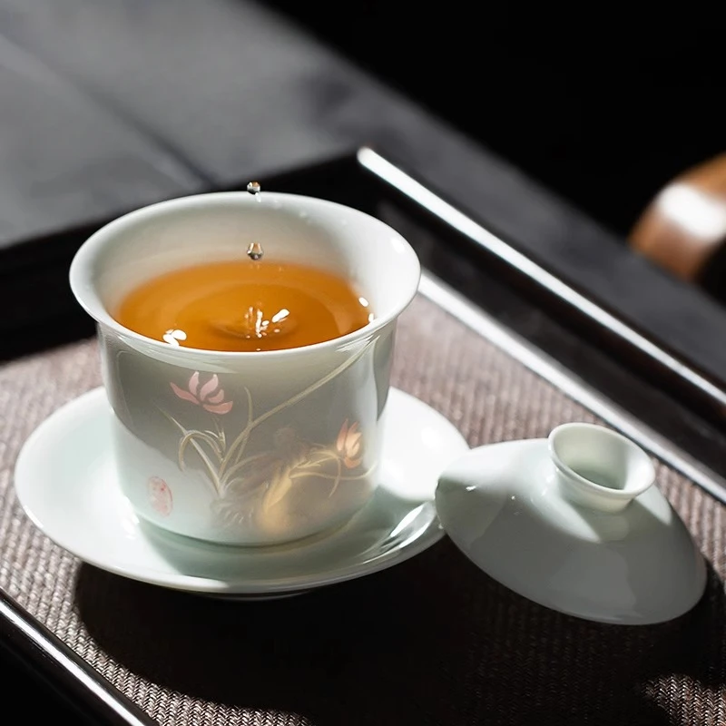 创意家用玲珑三才盖碗手工高档透光陶瓷中式白瓷茶盖碗大容量茶具