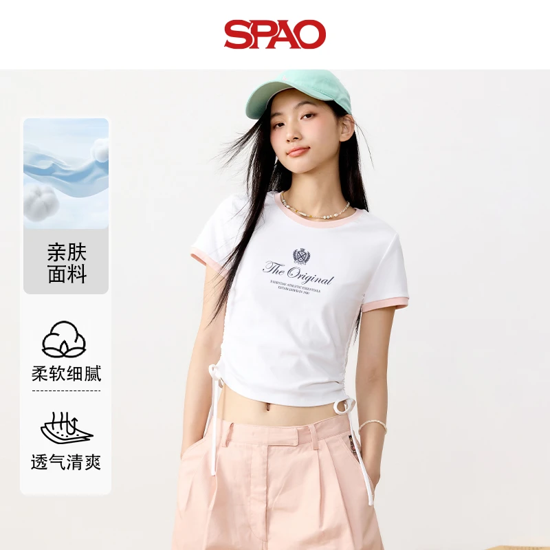 SPAO韩国同款修身抽绳短袖t恤女2025新款校园青春短款撞色上衣YYC