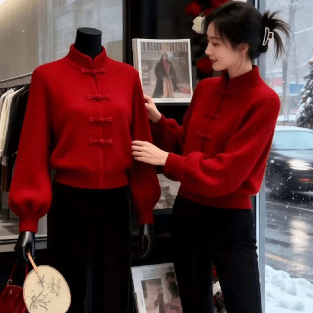 2026新年红色气质休闲装饰盘扣外套秋冬季超好看新中式针织毛衣