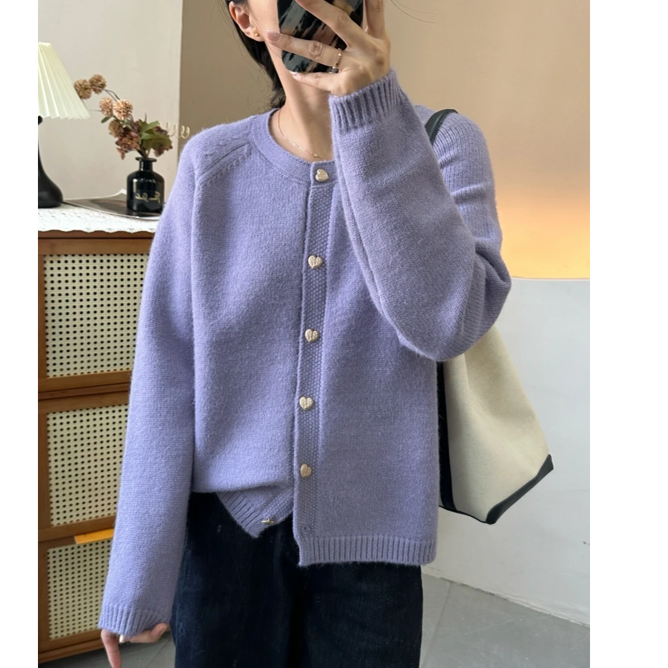 小香风韩系爱心扣圆领针织开衫宽松显瘦慵懒风秋洋气外套新加厚