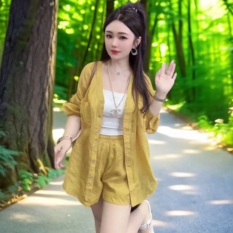 欧洲站2025夏季新款糖果色薄款开衫衬衫短裤两件套欧货时尚套装女