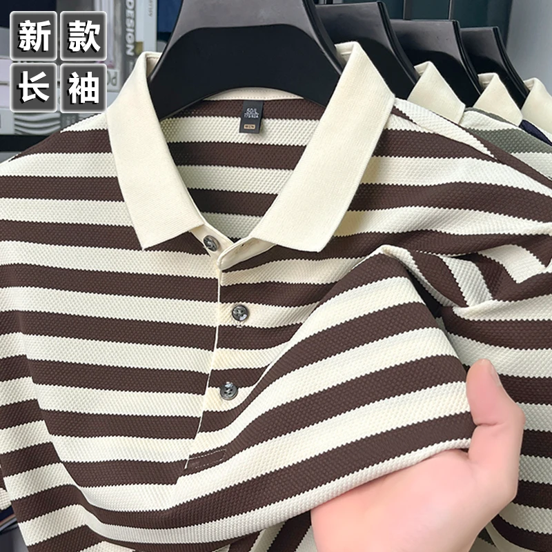 【秋季上新】男士新款潮流休闲条纹长袖POLO衫宽松翻领打底上衣男装