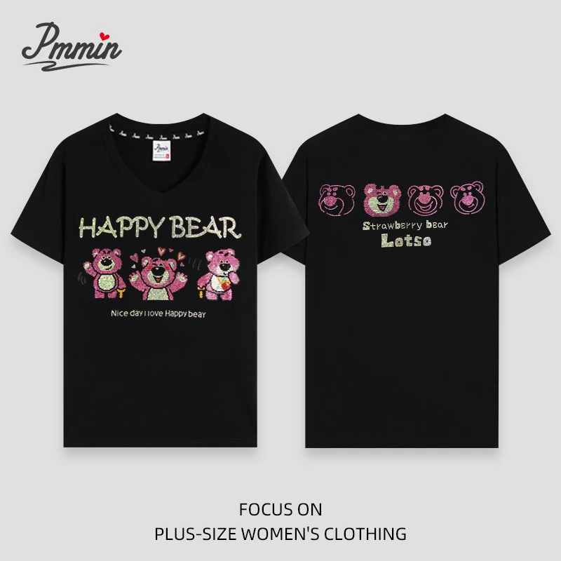 pmmin【双面草莓熊】V领女装大码设计潮牌烫钻短袖T恤 夏季印花烫钻