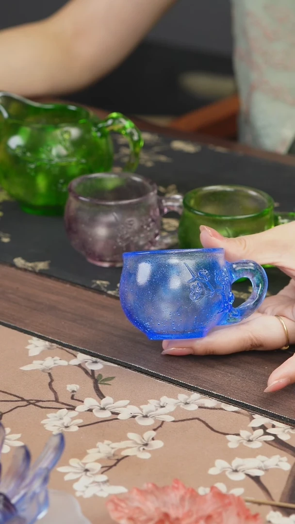 手工艺品琉璃蓝色梅花侧把主人杯