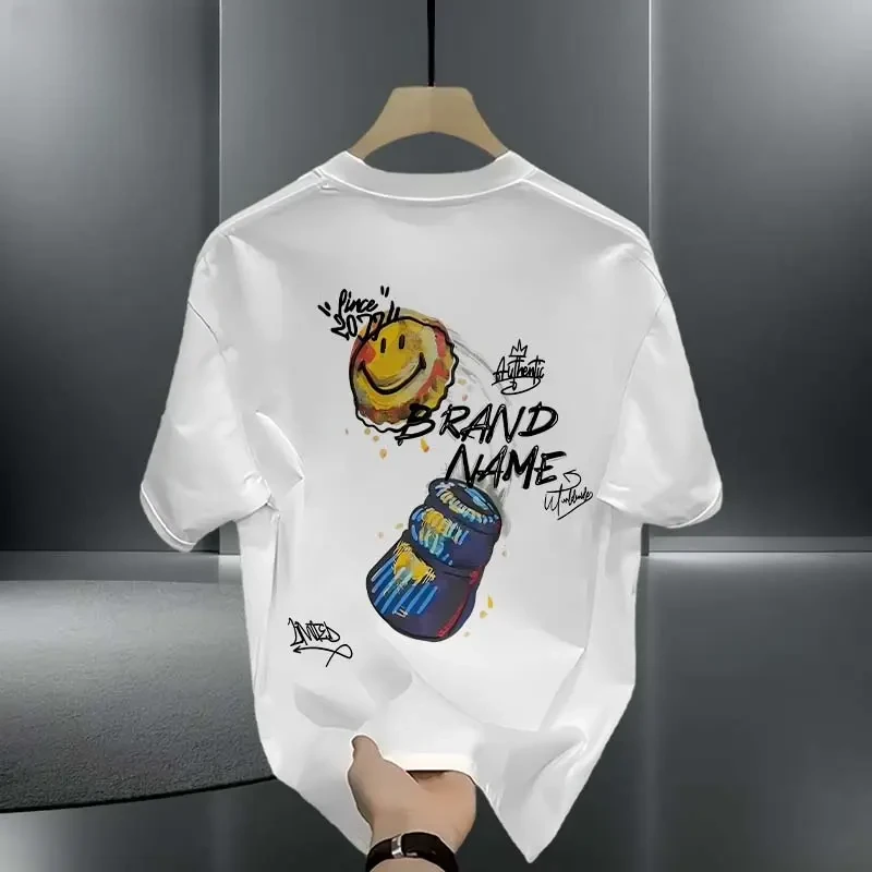 2025新款潮牌男士纯棉白T恤圆领上衣印花时尚宽松短袖打底衫夏季