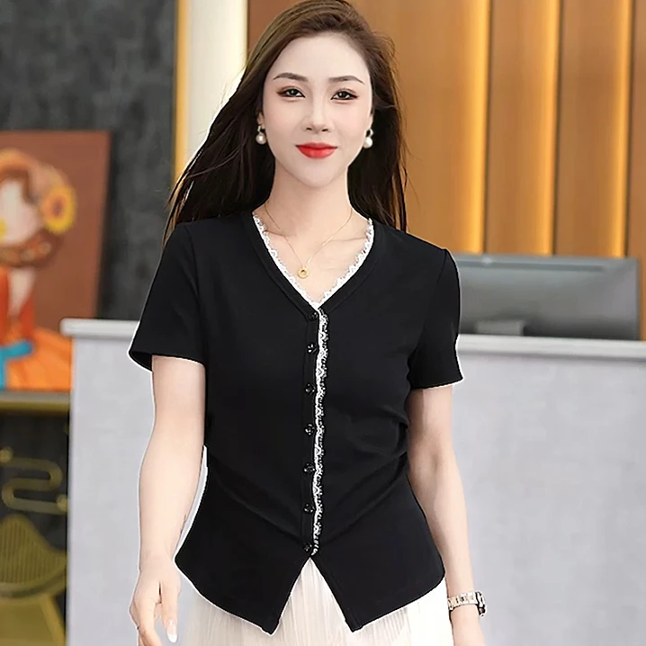 V领蕾丝花边T恤 短袖棉T 显瘦气质百搭小衫褶皱开叉流行洋气上衣