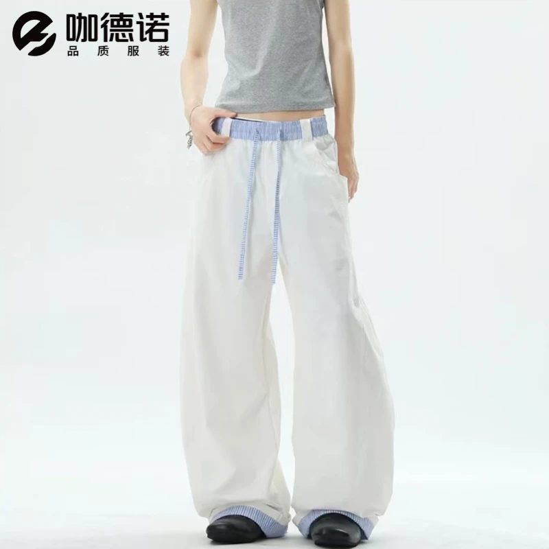 2025新款美式格纹拼接腰头弯刀休闲裤男夏季宽松潮牌阔腿裤垂感裤