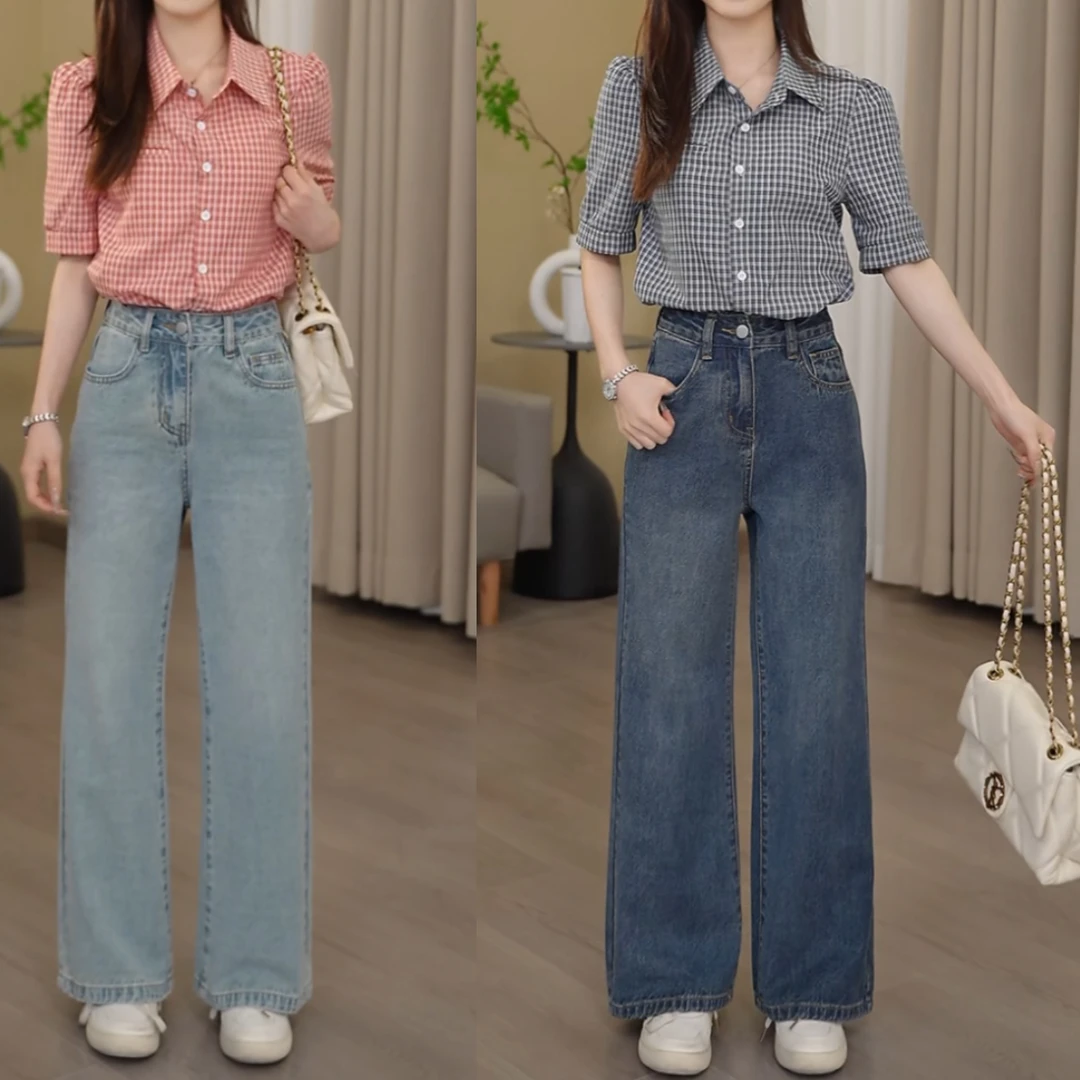 高腰牛仔直筒裤九分裤长裤牛仔微喇裤夏季薄款宽松时尚春游小个子