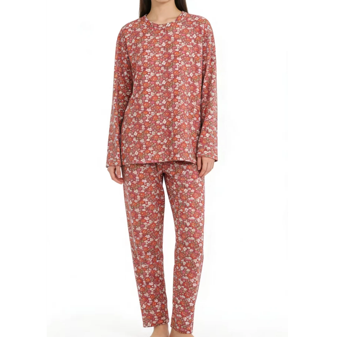 9337-中老年女士（豆沙小碎花）AB面德绒保暖套装