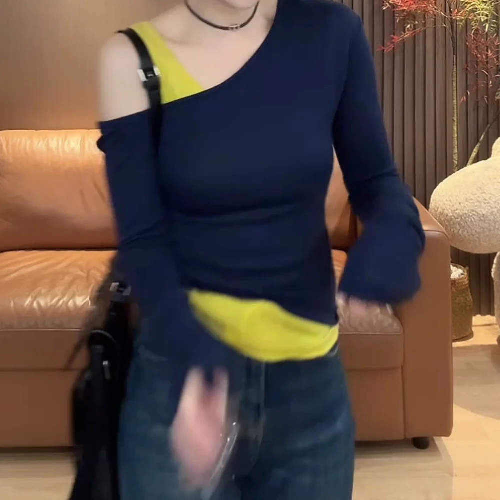 【伯斯尤物】春季上新气质时尚百搭拼接假两件露肩修身显瘦长袖T恤