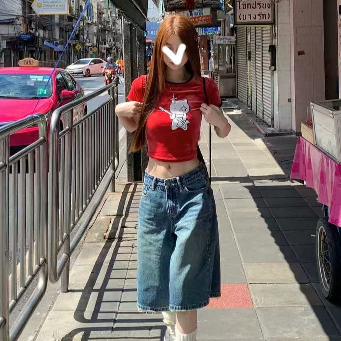2025夏季新款复古牛仔短裤女直筒阔腿A字低腰五分中裤子