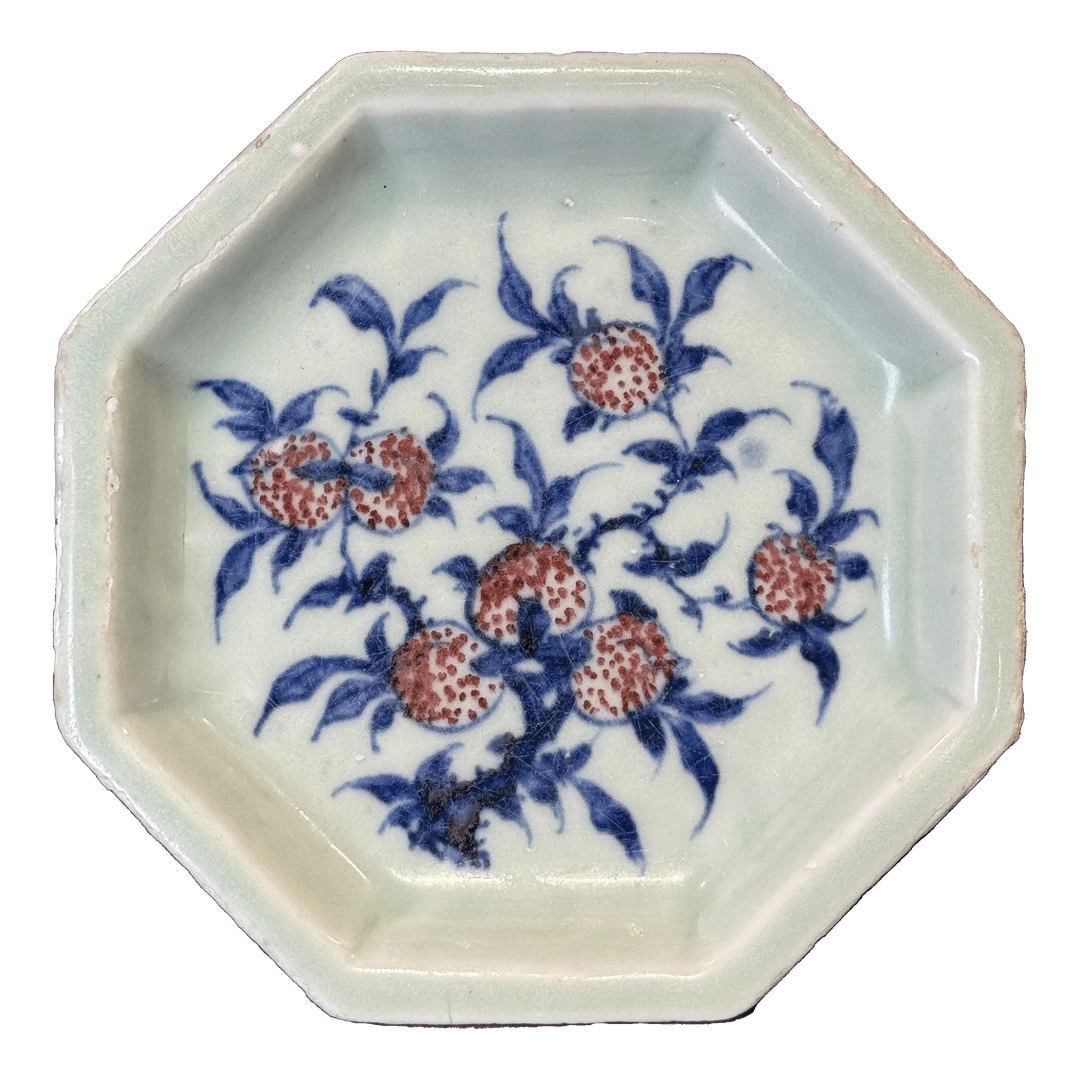 25063347t豆青釉青花釉里红桃纹八方洗