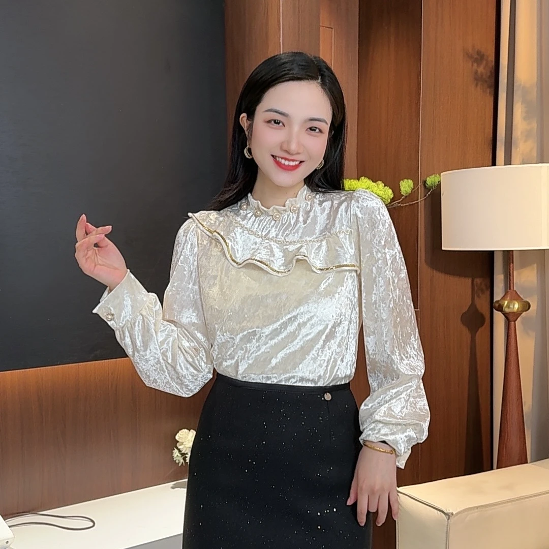 2024秋冬新款荷叶边法式上衣女复古名媛风气质百搭显瘦丝绒衫