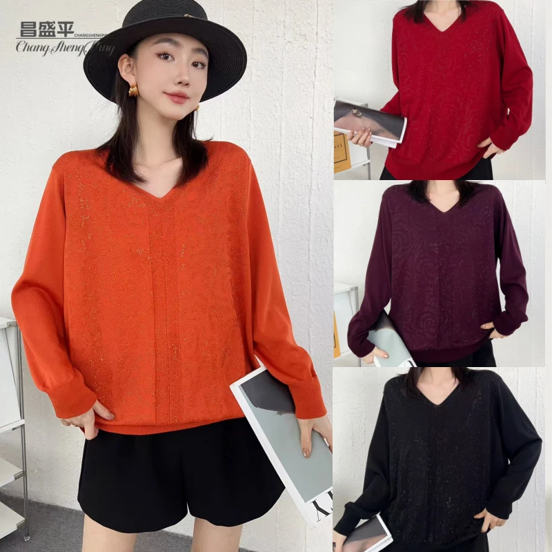 Mn【V领满钻冰麻百搭针织衫】洋气显瘦宽松长袖女士时尚妈妈衫秋冬