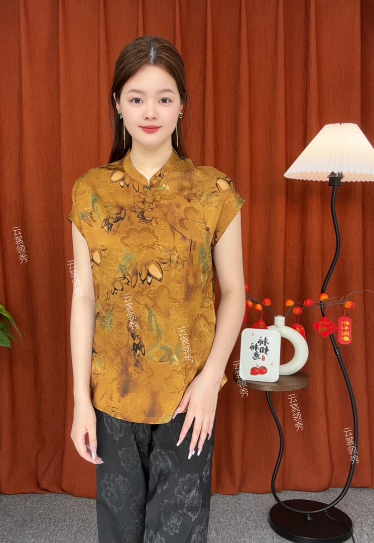 新中式国风复古飞袖衬衫鎏金彩蝶2025夏季新款宽松气质显瘦上衣