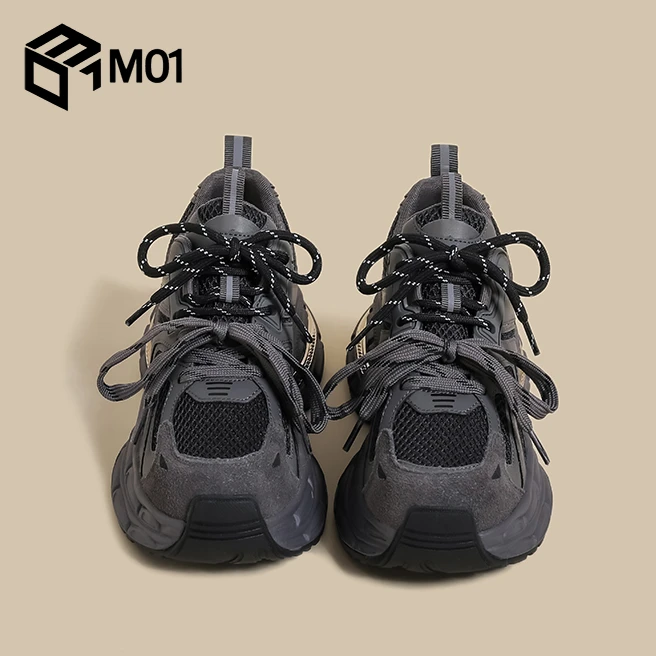 M01厚底老爹鞋女2025秋冬季灰色复古百搭加绒双鞋带休闲运动鞋子