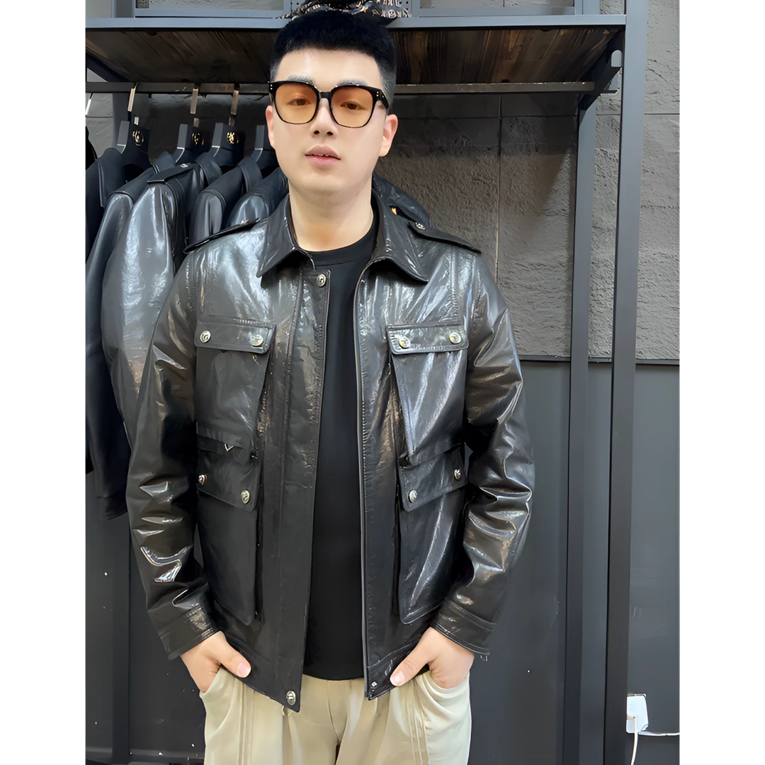 雷总穿搭皮衣真的很强“男士头层小牛皮”轻奢 经典硬汉四口袋短款
