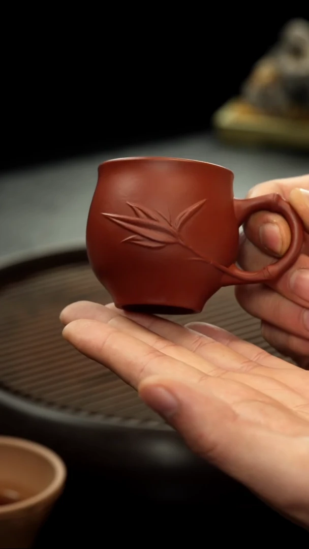 茶壶紫砂朱泥 贴竹叶 带把主人杯