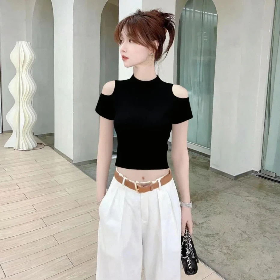 2025新款黑色半高领露肩短袖T恤女春夏修身洋气短款镂空显瘦上衣