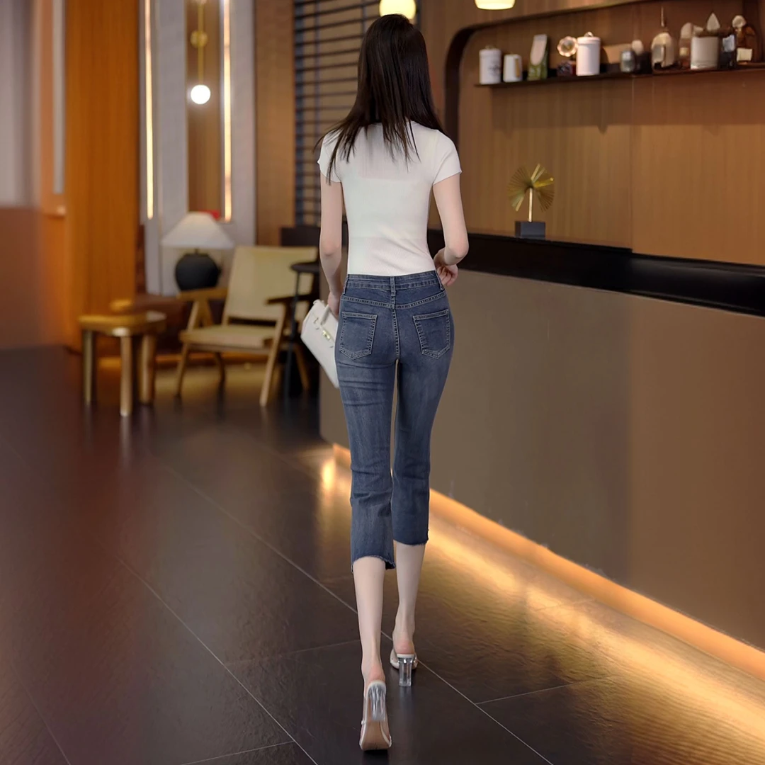 2025夏季薄款百搭七分微喇叭牛仔裤女小个子高腰显瘦修身毛边八分