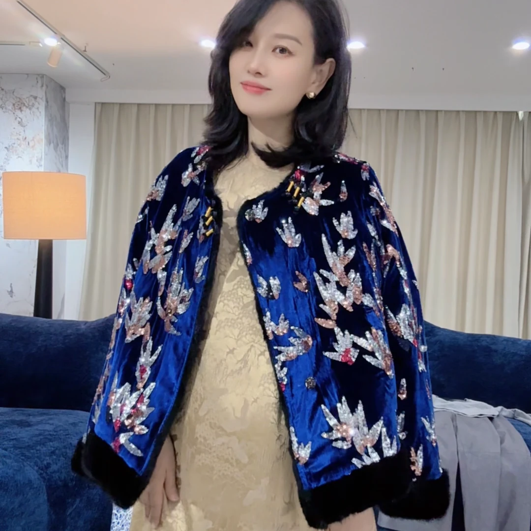 诺谰真毛水貂毛两面穿亮片貂皮大衣时尚减龄短款皮草外套女24037
