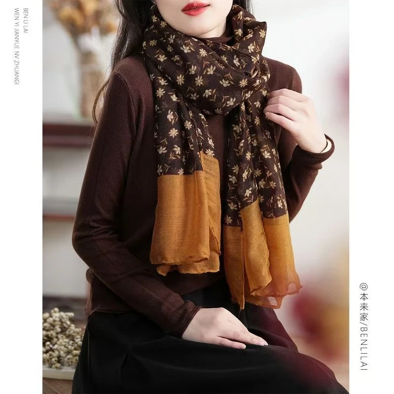 迈1文艺简约拼接款碎花围巾女秋季新款百搭氛围感巾4252