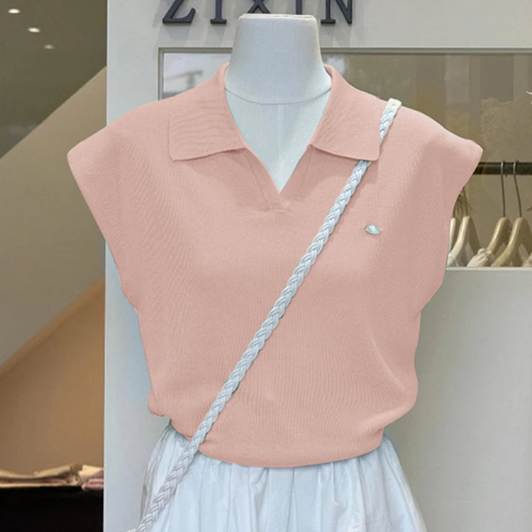 韩系小香风polo领针织背心冰丝小飞袖2025夏季正肩小个子上衣女