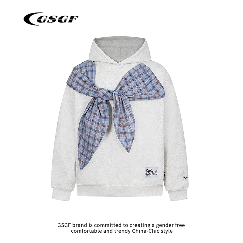 GSGF蝴蝶结格子系带连帽卫衣女男宽松型不缩水秋冬套头休闲学院风