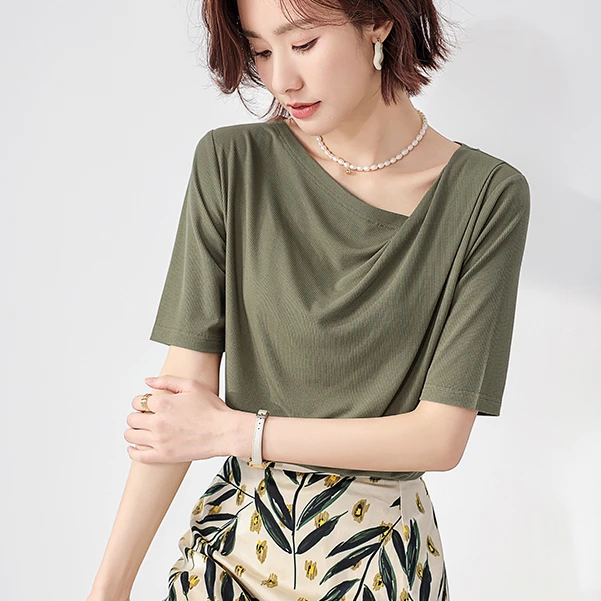 桑蚕丝免烫罗纹短袖荡领针织纯色女神t恤女ins潮网红时尚法式