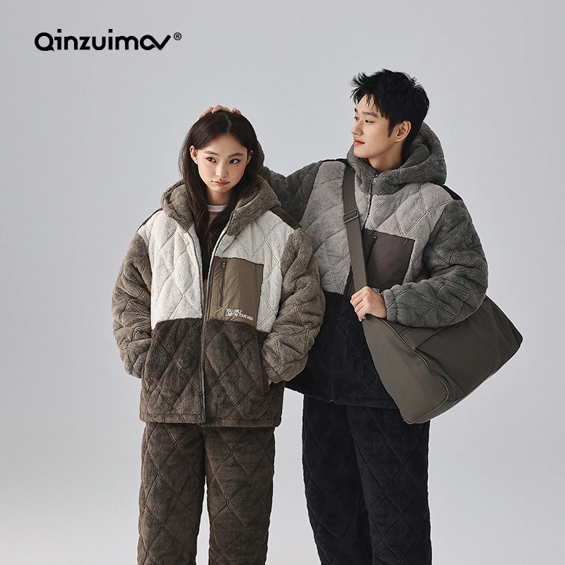 亲嘴猫暖暖绒夹棉情侣睡衣女冬季三层加厚男士套装家居服连帽外穿