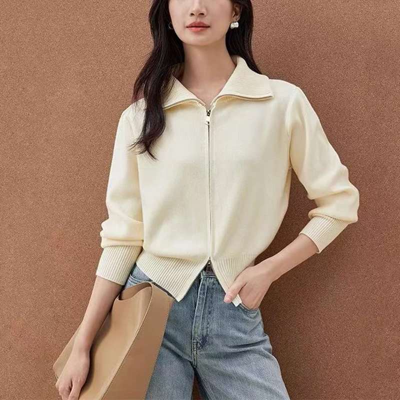 (衣兮双拉链翻领毛衣外套)秋冬简约净色百搭洋气软糯针织开衫W