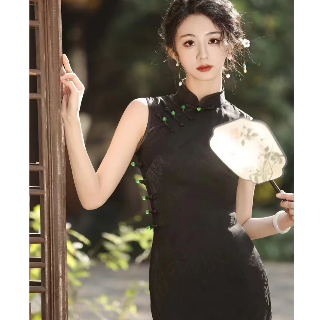 【琉璃纱】春夏新款暗纹提花显瘦复古气质长款旗袍裙长古法120黑色