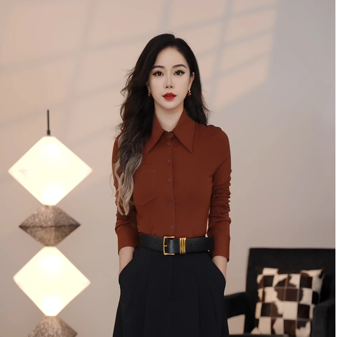 哥弟简约百搭优雅莫代尔亲肤修身显瘦衬衣千金贵气名媛风1301044