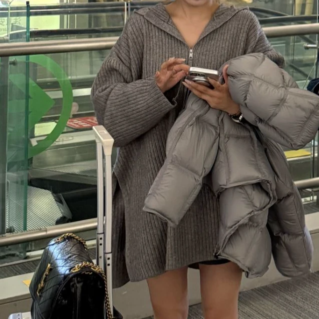 女连帽半拉链针织慵懒风毛针织衫韩版开衫20251122